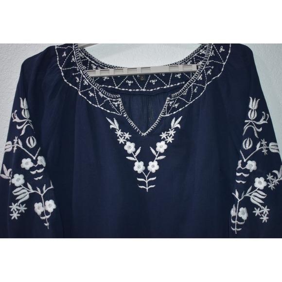 TALBOTS 1X Cotton Navy Blue White Embroidery 3/4 Sleeves Gauze Peasant Boho Top - Picture 5 of 16